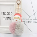 Détail du porte-clés père Noël en fourrure synthétique rose et grise avec fermoir doré - Vieux Rose Et Gris