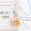 Detailed view of plush unicorn keychain with faux fur ball and rainbow leather accents - Mixed Khaki