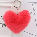 Macro view showing the soft texture and silver keychain of a pink plush heart pendant - Silver Single Ring Keychain / Watermelon red