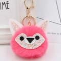 Pink faux fur fox keychain with sparkling sequins and golden metal ring for bag - Gold Key Chain Style / Watermelon red