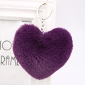 Detailed view of heart-shaped purple faux fur keychain with silver metal ring on white frame - Silver Single Ring Keychain / Deep purple