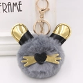 Détail du porte-clés lapin en peluche avec oreilles dorées et nez en métal en cœur - Gris foncé