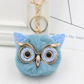 Close-up of grey plush owl keychain with sparkling sequins and gold metal ring - Gold Key Chain Style / Peacock Blue