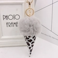 Close-up of fluffy gray fur pom pom and leopard print cone keychain with gold metal clasp - Gold Key Chain Style / Light Gray