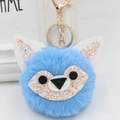 Detail of blue sequined fox fur pompom keychain with golden metal ring and clip - Gold Key Chain Style / Sky Blue