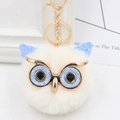 Plush owl keychain with white faux fur, blue glitter eyes and gold metal lobster clasp - Gold Key Chain Style / Off White-Blue