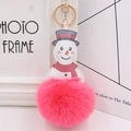 Detail of pink faux fur pompom and PU leather snowman pendant with gold key ring - Watermelon red