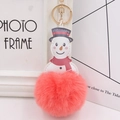 Detail of cute snowman plush keychain with coral pink fur ball and golden ring - Orange Red