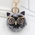 Detailed view of owl plush keychain featuring gold glasses and fluffy faux fur texture - Gold Key Chain Style / Two-Tone Black