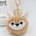 Detail of sequined fox plush keychain with fluffy brown fur and golden metal clasp hardware - Gold Key Chain Style / Khaki