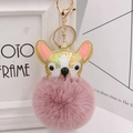 Kreativer holografischer Bulldoggen Schlüsselanhänger mit rosa Plüschball und Goldclip - Goldene 8-Form Kette / Bohnenpastenrosa-Gold