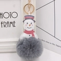 Close-up of a Christmas snowman faux fur pompom keychain with a red scarf and gold ring - Dark Gray