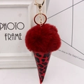 Leopard print ice cream plush keychain with red faux fur pompom and gold lobster clasp - Gold Key Chain Style / Burgundy