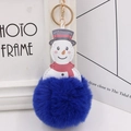 Detail of a plush snowman keychain featuring deep blue faux fur and a PU leather charm - Sapphire Blue