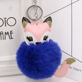 Detail of cute fox keychain featuring vibrant blue faux fur pom-pom and pink leather - Silver Keyring / Sapphire Blue