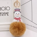 Close-up of snowman plush keychain with fluffy brown faux fur pom pom and red scarf detail - Coffee