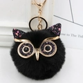 Detailed close-up of fluffy black owl keychain with sequin accents and gold metal clip - Gold Key Chain Style / Black