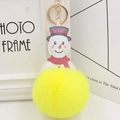 Close-up of fluffy yellow pom-pom keychain with creative snowman leather pendant and gold ring - Yellow