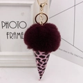 Detail of burgundy plush faux fur ice cream keychain with pink leopard print cone base - Gold Key Chain Style / Fuschia