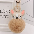 Bulldogge Kunstleder Schlüsselanhänger mit braunem Plüschball und Goldkarabiner - Goldene 8-Form Kette / Khaki