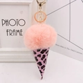 Close-up of pink leopard print ice cream keychain with fluffy faux fur ball and gold clasp - Gold Key Chain Style / Korean Pink