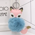 Detailed view of fox keychain with blue faux fur pompom and colorful PU leather stitching - Silver Keyring / Teal