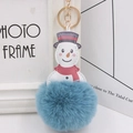 Detail of blue faux fur snowman keychain with PU leather print and golden metal ring hook - Teal