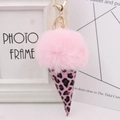 Pink faux fur ice cream cone keychain with leopard print and golden lobster clasp - Gold Key Chain Style / Light Pink