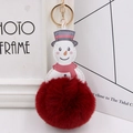 Detail of plush snowman keychain with red faux fur pompom and white leather charm - Burgundy