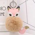 Detail of cute fox keychain with fluffy brown faux fur pompom and pink PU leather accents - Silver Keyring / Khaki