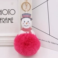 Detailed view of pink faux fur pompom keychain with snowman charm and gold keyring - Rose Red