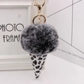 Detail view of ice cream keychain with grey plush ball, leopard print cone and gold ring - Gold Key Chain Style / Two-tone Black