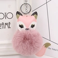 Close-up of pink fox faux fur pom-pom keychain with green leather ears and silver ring - Silver Keyring / Dusty Pink