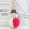 Porte-clés bonhomme de neige en fausse fourrure avec pompon rose et fermoir doré - Blanc Cassé + Rouge Rose