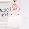 Portachiavi a forma di volpe in pelle PU rosa e bianca con pompon di pelliccia - Bianco