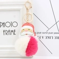 Santa Claus keychain with white and magenta plush fur ball and golden metal clip - Rose Red And Off White