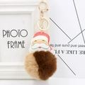 Santa Claus faux fur pompom keychain with brown color-blocked ball and golden ring - Khaki+Brown