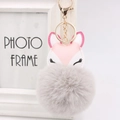 Detail of fox PU leather charm with large fluffy grey faux fur pom pom and gold clasp - Light Gray
