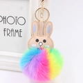 Detail of colorful rainbow faux fur pompom keychain with rabbit ears and golden clasp - Rainbow Striped