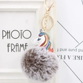 Rainbow unicorn PU leather keychain with brown faux fur pom pom and golden lobster clasp - Two-tone Grey