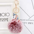 Rainbow unicorn keychain with fluffy dark red and pink faux fur pompom and gold ring - Two-tone Wine Red