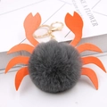 Détail d'un porte-clés crabe en fausse fourrure grise avec pinces en cuir orange et crochet doré - Gris foncé