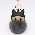 Detail of grey faux fur pom pom and black gold leather pig keychain with golden metal ring - Dark Gray