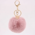 Faux rabbit fur ball keychain with rhinestone cube in lotus pink and golden hardware - Dust Rose