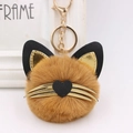 Detail of plush cat keychain with brown faux fur, gold whiskers and heart-shaped nose - Coffee