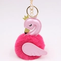 Pink swan plush keychain with faux fur body and metallic crown on white background - Rose Red-Pink