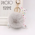 Detail of white alpaca keychain with colorful patterns and a grey faux fur ball - Light Gray