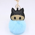 Plush pig keychain with sky blue faux fur ball and premium gold metal clip - Blue