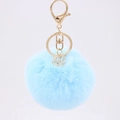 Detail of light blue faux rabbit fur keychain with gold metal hardware and hollow cube charm - Light Blue