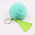 Detail of mint green faux fur pompom and matching silk tassels on silver keychain - 8cm Faux Rabbit Fur Tassel Style / Mint Green